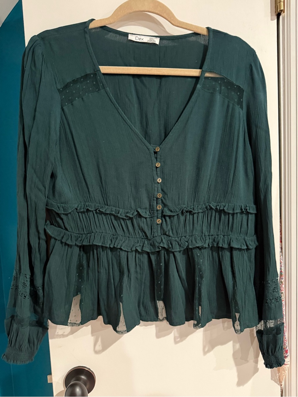 Dex Teal Ruffle Button-Front V-Neck Blouse Medium